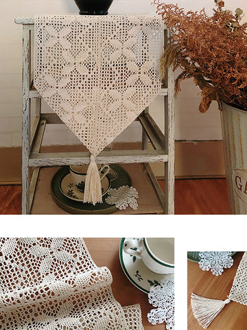 Qfdian Cream Macrame Boho Table Runner with Tufted Tassels Crochet Wedding Lace Vintage Farmhouse Dining Room Bridal Shower Decorations